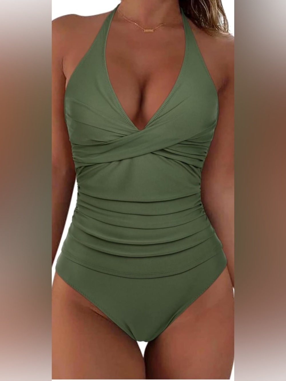 New-XL Olive Green Halter Ruched 
Slimming 2026 season 
One-Piece Swimsuit